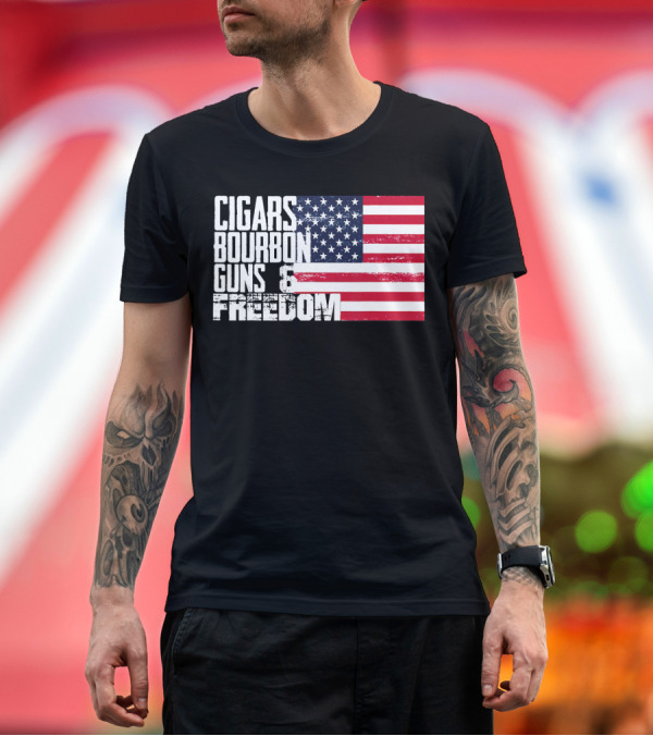 Premium T-Shirt: Cigars Bourbon Guns Freedom American Flag T-Shirt Cigars Bourbon Guns Freedom American Flag T-Shirt