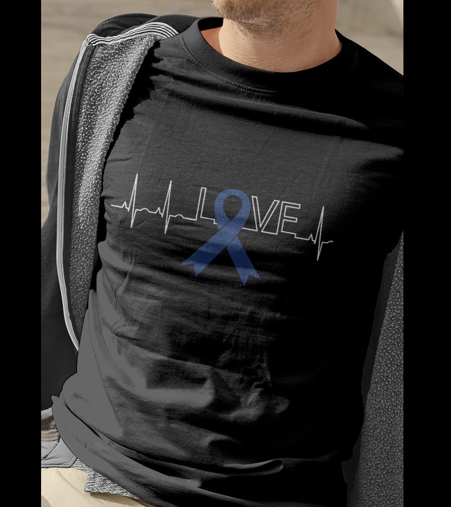 Love Colon Cancer Awareness Blue Ribbon Heartbeat T-Shirt