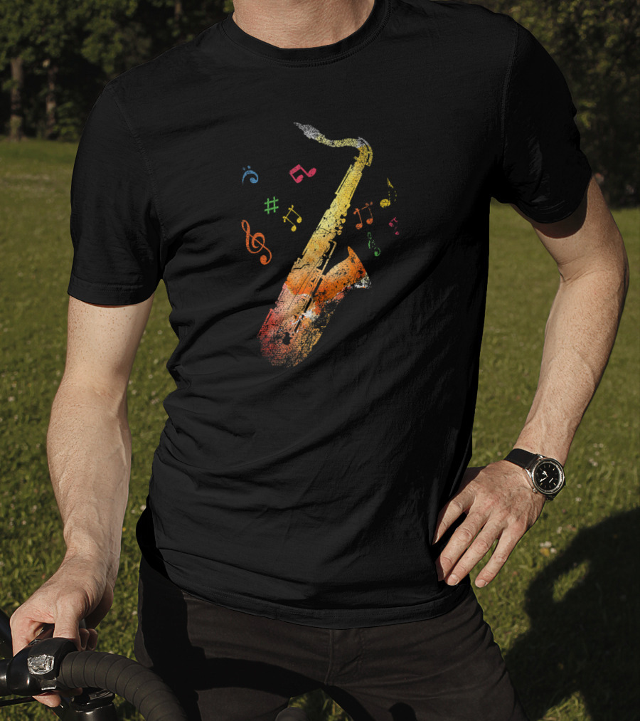 Vibrant Multicolored Music Notes With Saxophone T-Shirt