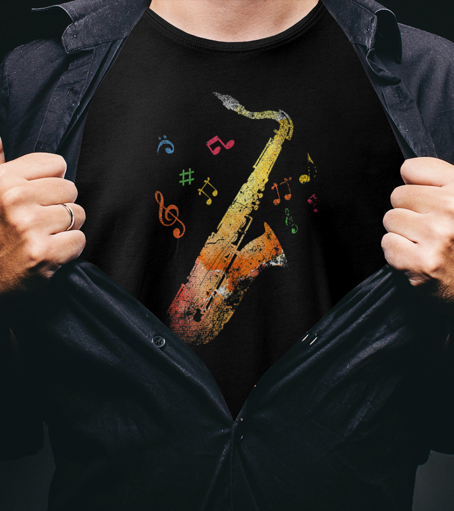 Vibrant Multicolored Music Notes With Saxophone T-Shirt