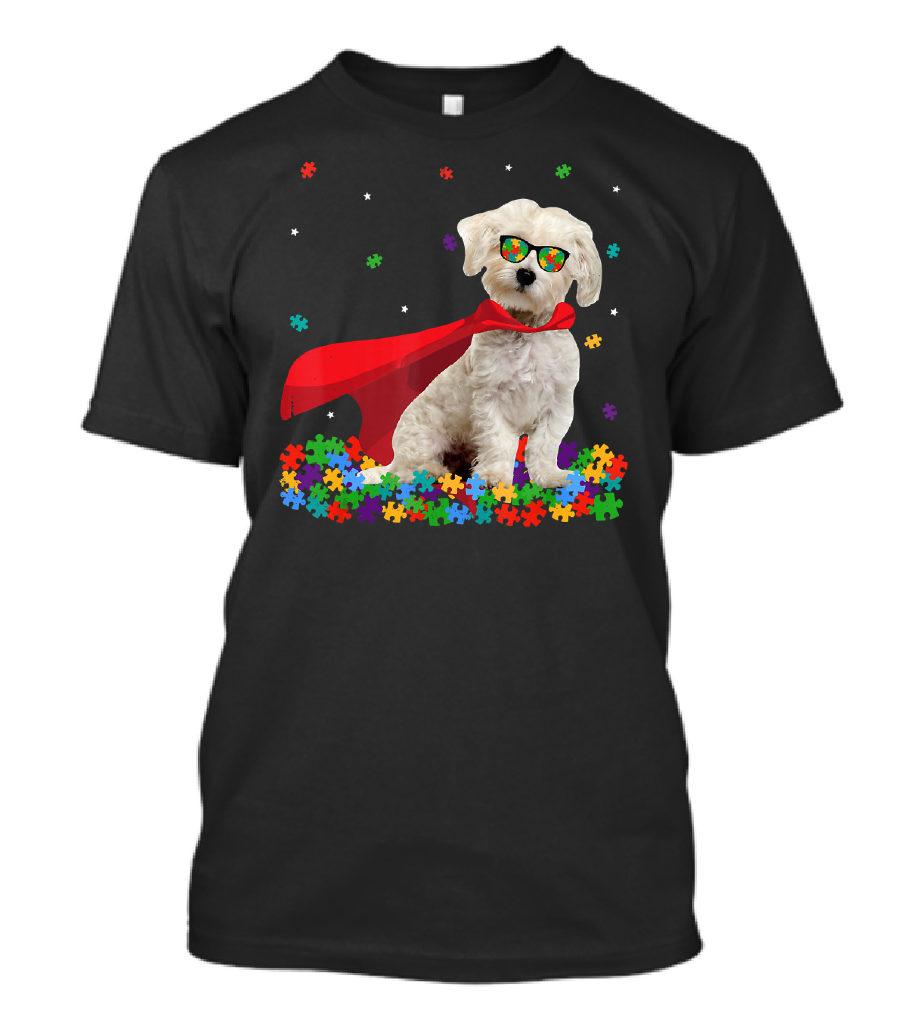 Superhero Maltese Dog Puzzle Pieces Autism Awareness T-Shirt
