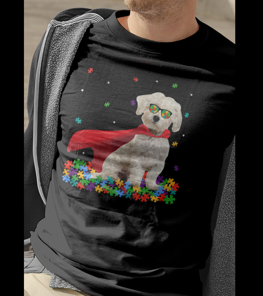 Superhero Maltese Dog Puzzle Pieces Autism Awareness T-Shirt