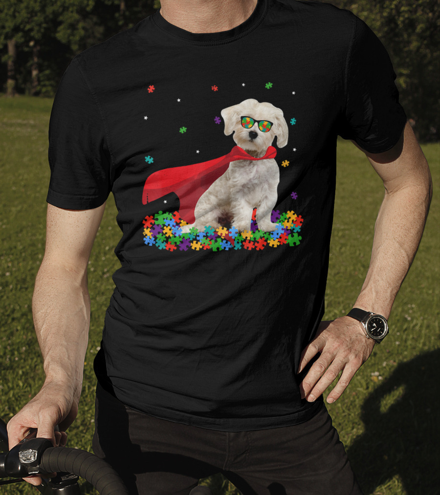 Superhero Maltese Dog Puzzle Pieces Autism Awareness T-Shirt