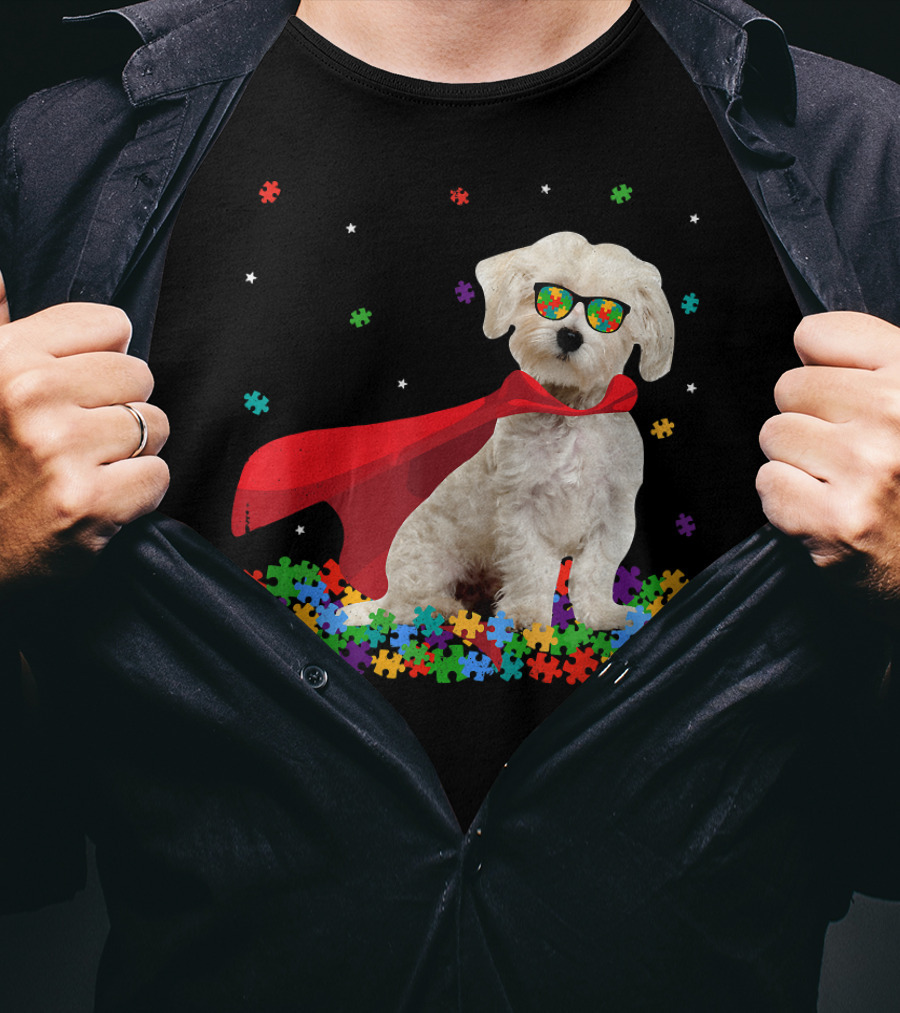 Superhero Maltese Dog Puzzle Pieces Autism Awareness T-Shirt