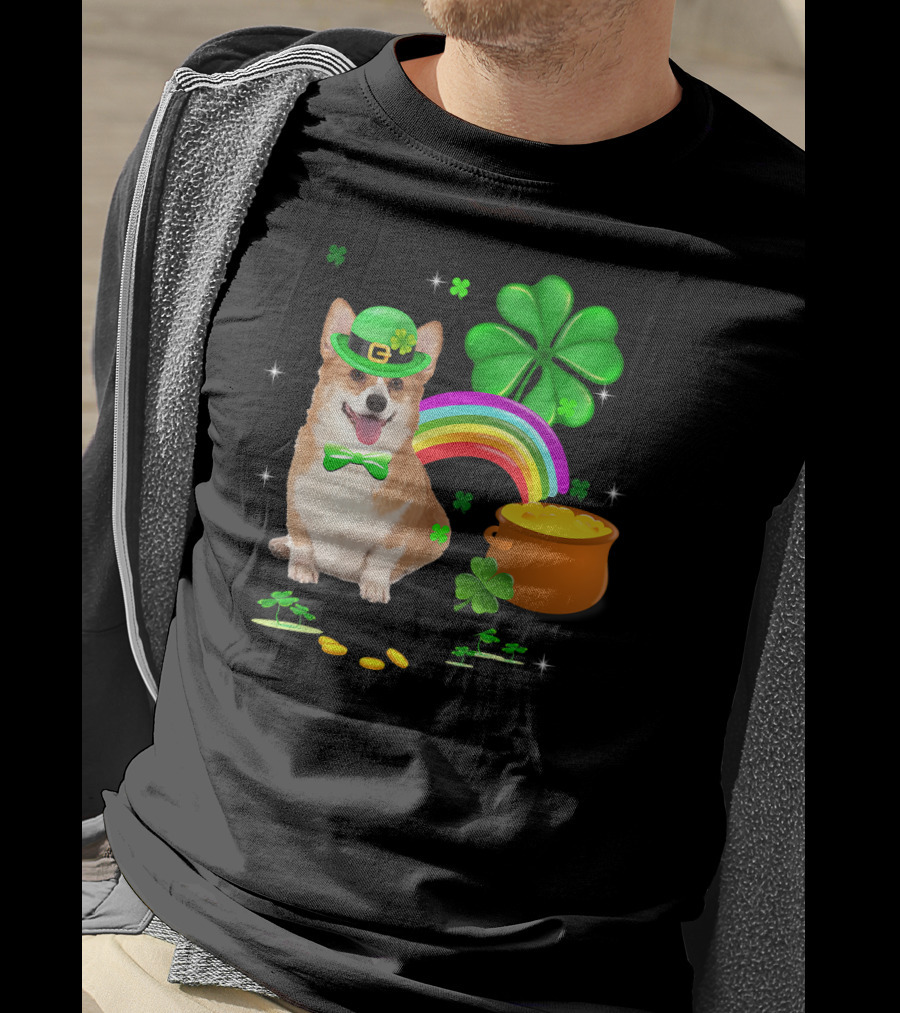 Corgi Dog Shamrock St Patricks Day Leprechaun Rainbow Pot Of Gold T-Shirt