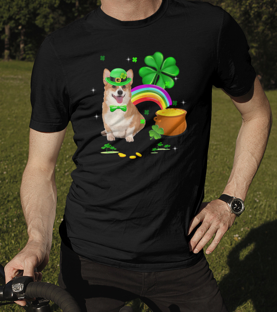 Corgi Dog Shamrock St Patricks Day Leprechaun Rainbow Pot Of Gold T-Shirt