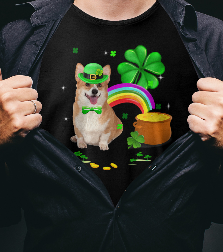 Corgi Dog Shamrock St Patricks Day Leprechaun Rainbow Pot Of Gold T-Shirt