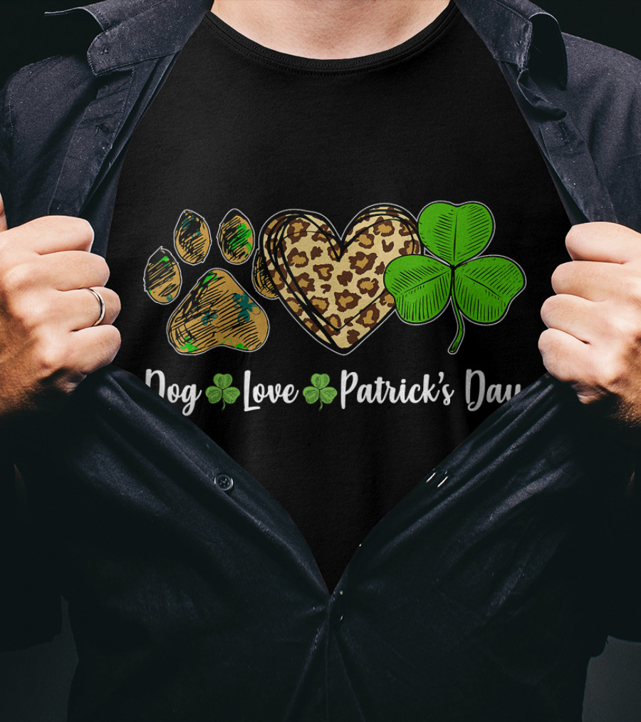 Dog Love Leopard Shamrock Patrick's Day T-Shirt
