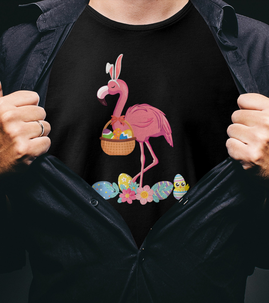 Easter Flamingo Bunny With Easter Egg Basket And Floral Eggs T-Shirt