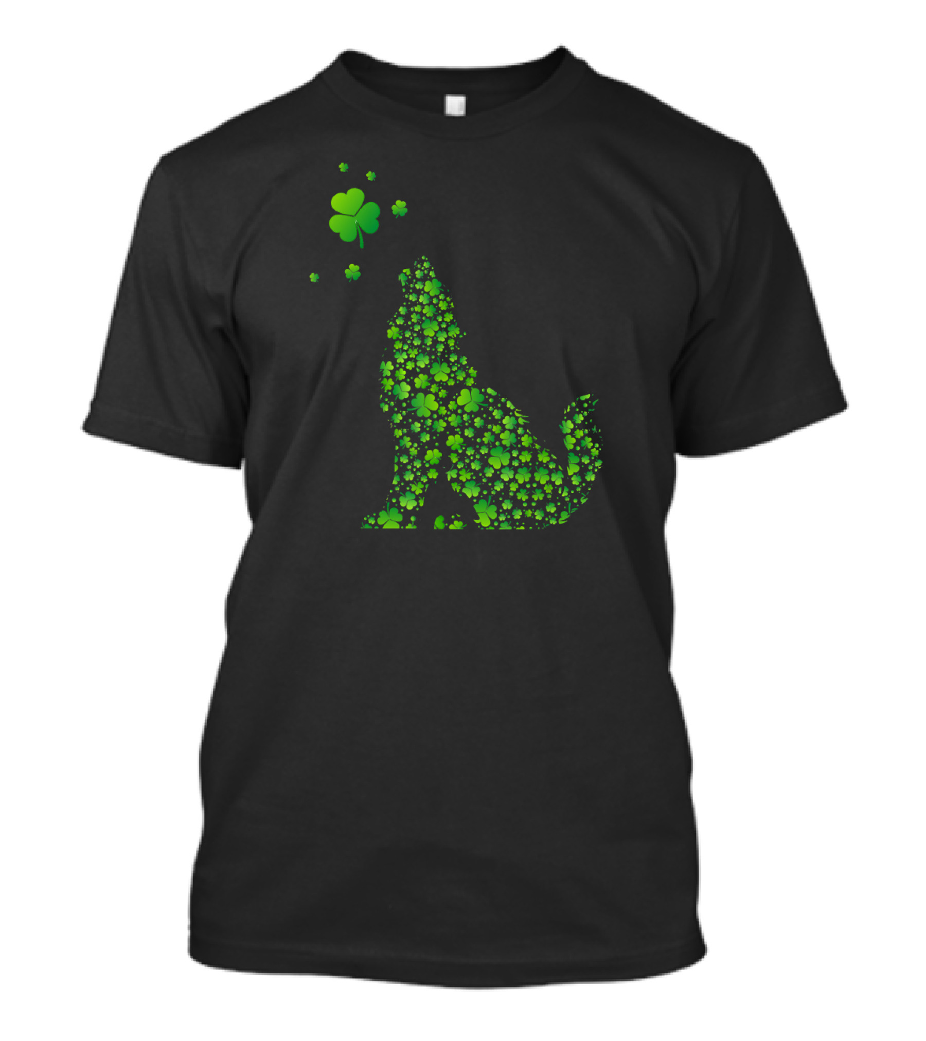 Shamrock Patterned Wolf With Clover Accents T-Shirt