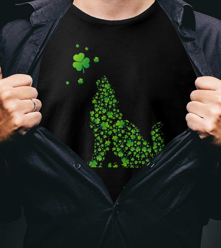 Shamrock Patterned Wolf With Clover Accents T-Shirt