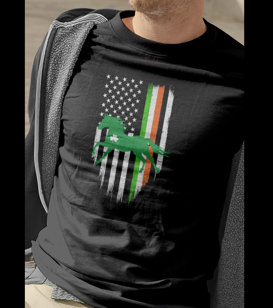 Green Horse Shamrock With Irish And US Flag St Patrick's Day T-Shirt