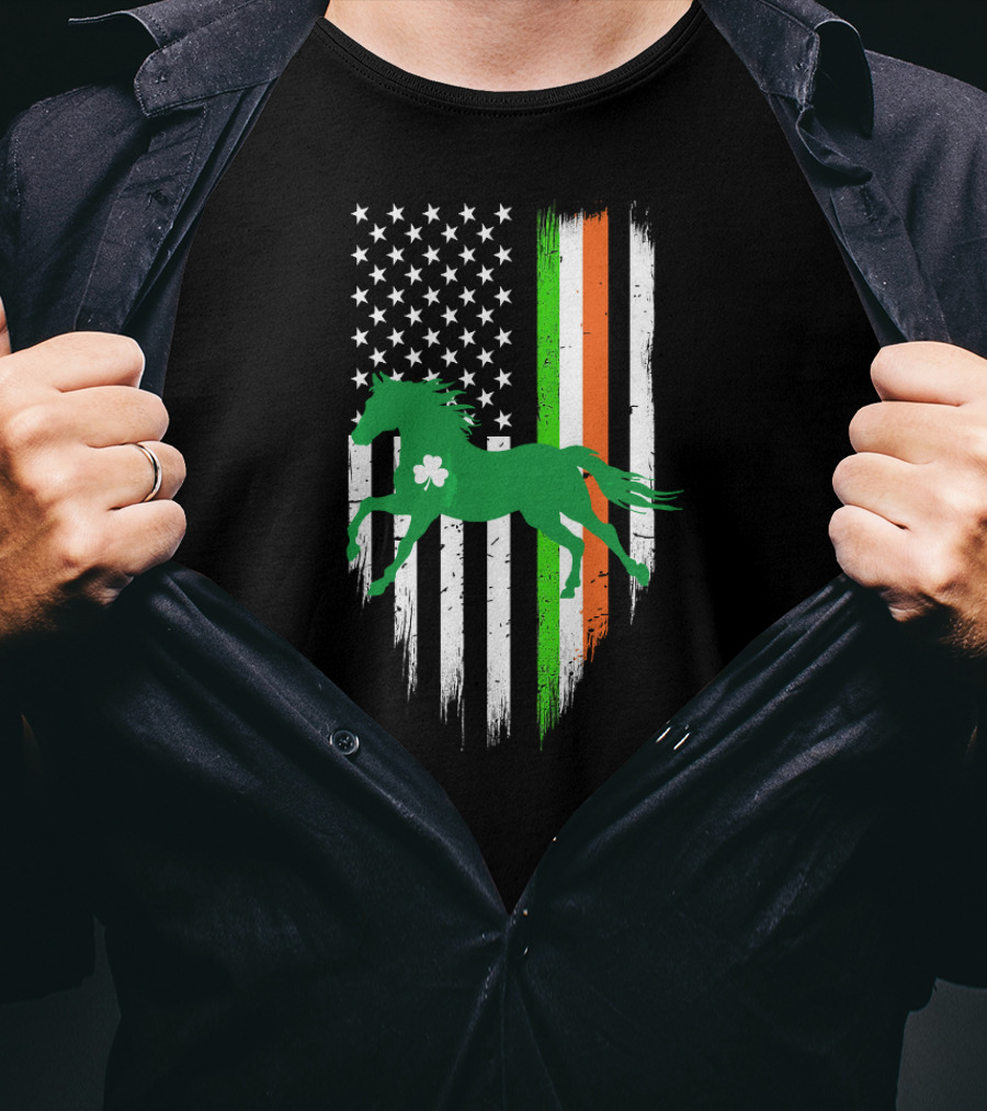 Green Horse Shamrock With Irish And US Flag St Patrick's Day T-Shirt