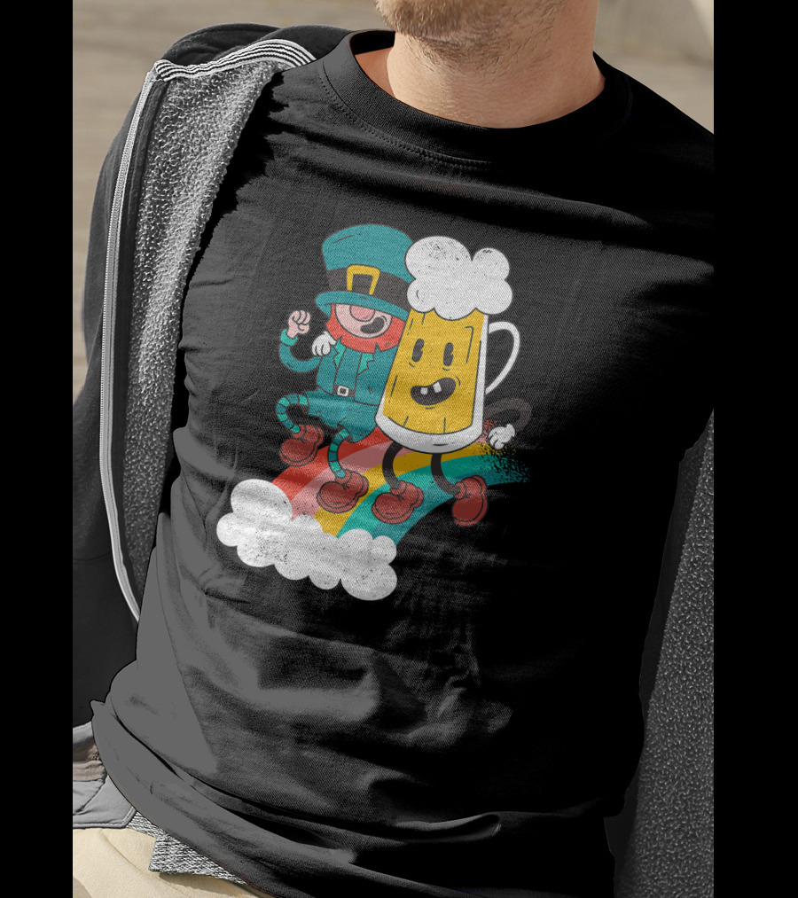 Leprechaun And Beer Besties Riding Rainbow With Clouds T-Shirt
