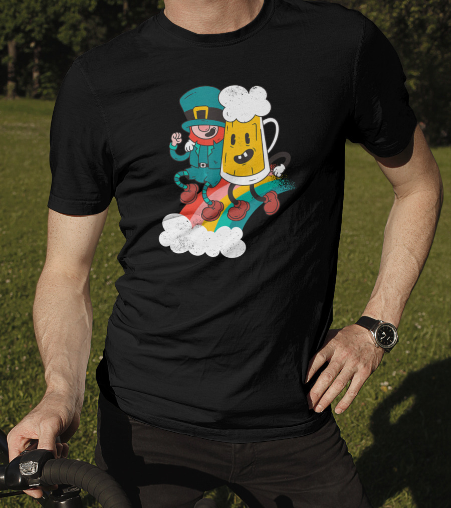 Leprechaun And Beer Besties Riding Rainbow With Clouds T-Shirt