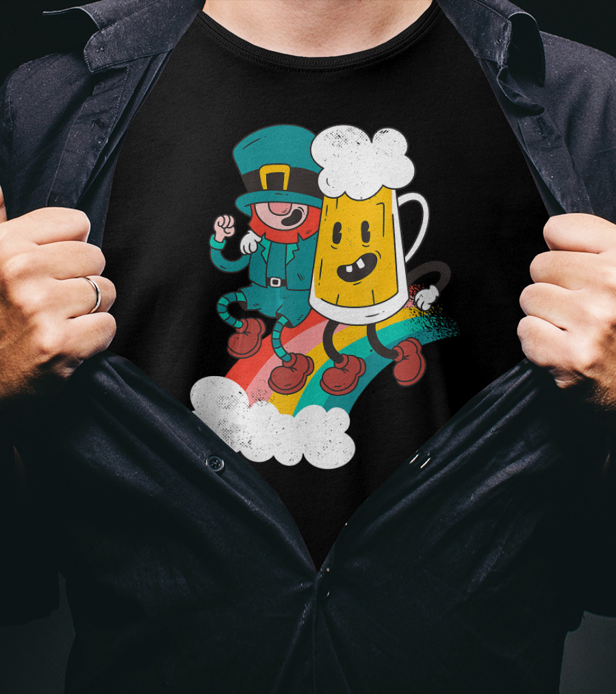 Leprechaun And Beer Besties Riding Rainbow With Clouds T-Shirt