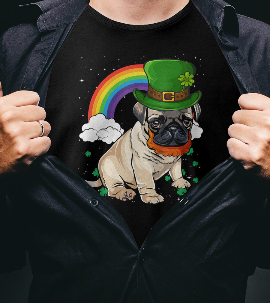 Pug St Patricks Day Leprechaun Hat Rainbow T-Shirt