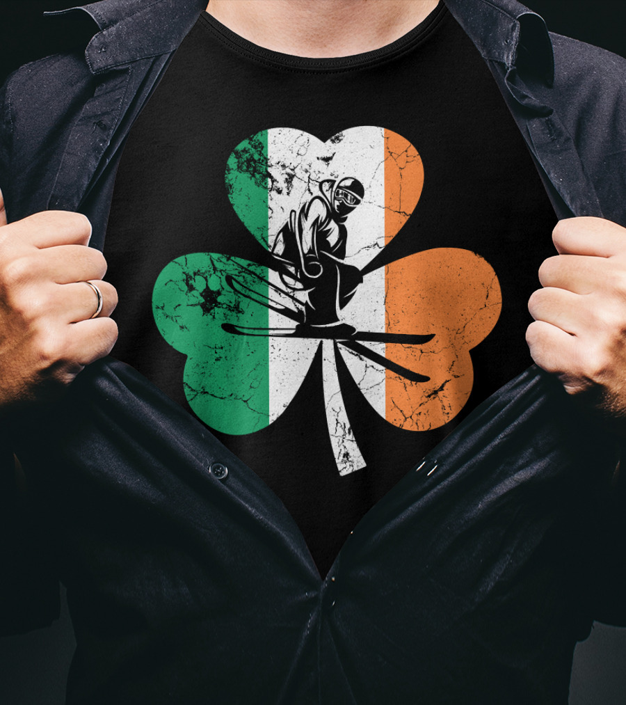 Skiing Shamrock St Patrick's Day Ireland Irish Flag T-Shirt