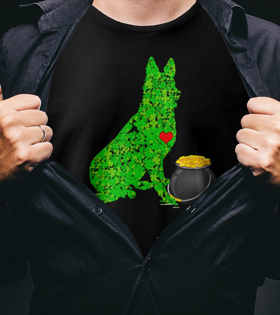St Patricks Day Shamrock German Shepherd With Pot Of Gold T-Shirt