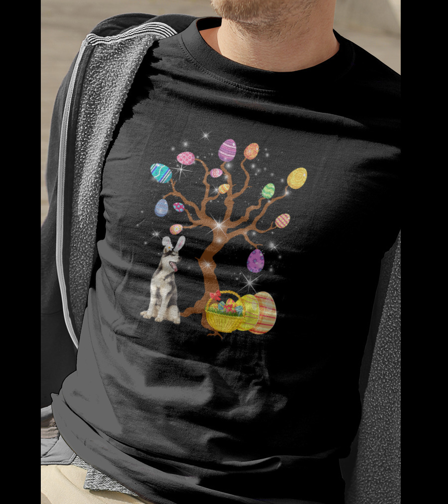 Siberian Husky Easter Egg Hunt With Basket And Tree Of Colorful Eggs T-Shirt