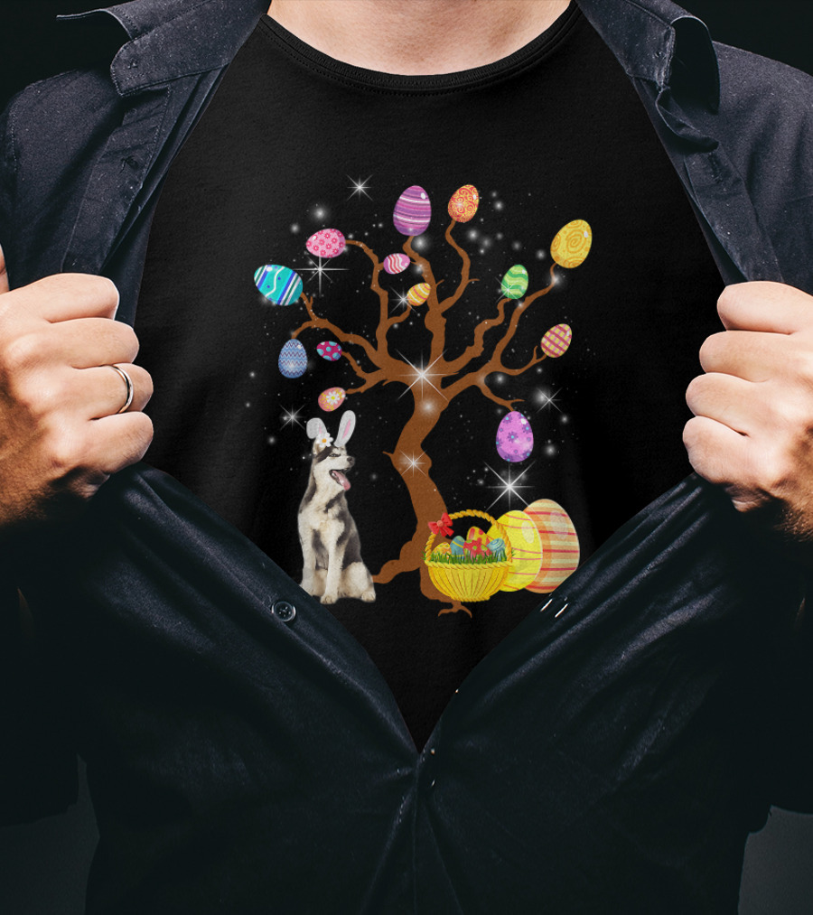 Siberian Husky Easter Egg Hunt With Basket And Tree Of Colorful Eggs T-Shirt