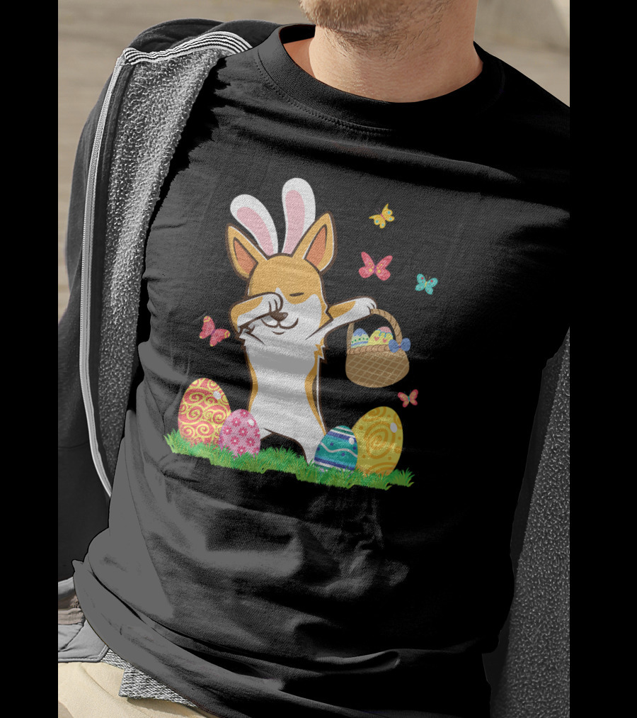 Corgi Bunny Dog Dabbing With Colorful Easter Eggs And Butterflies T-Shirt