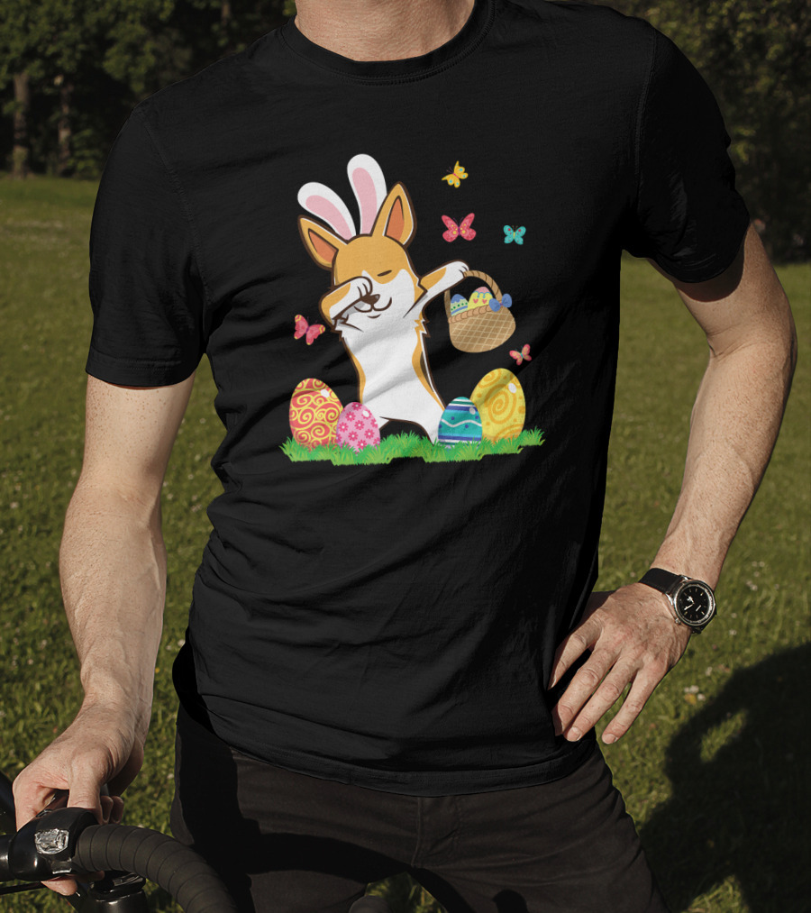 Corgi Bunny Dog Dabbing With Colorful Easter Eggs And Butterflies T-Shirt