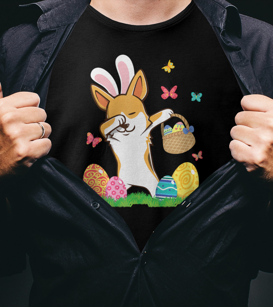 Corgi Bunny Dog Dabbing With Colorful Easter Eggs And Butterflies T-Shirt