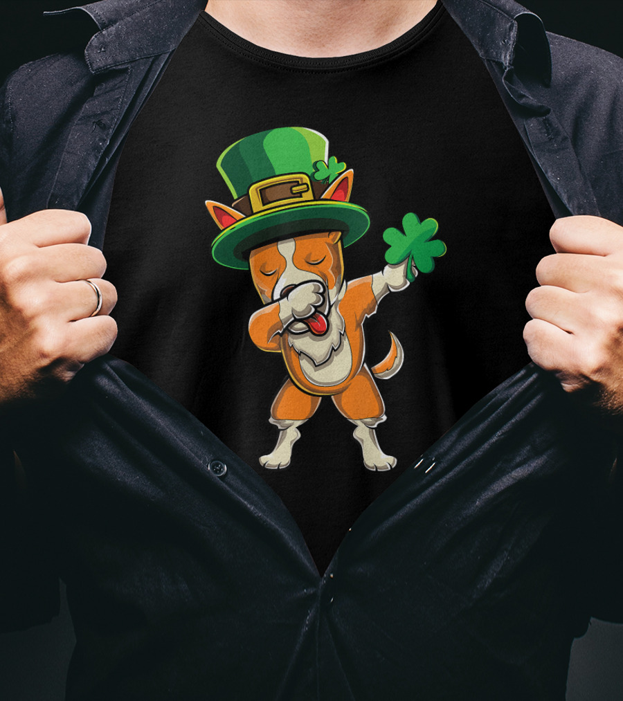 Leprechaun Hat Corgi Dabbing Shamrock St Paddys Day T-Shirt