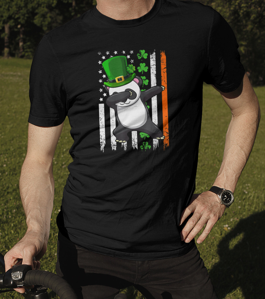 Dabbing Panda Leprechaun Shamrock Green Hat St Patrick's Day Irish Flag T-Shirt