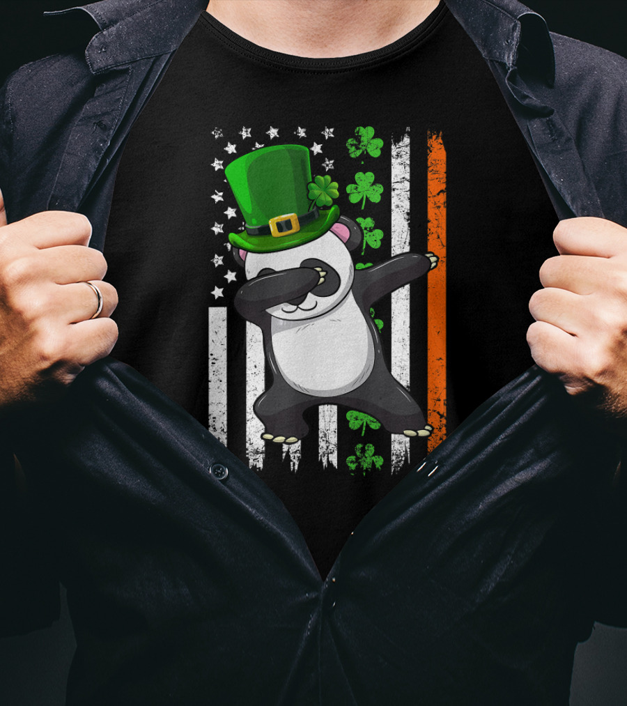 Dabbing Panda Leprechaun Shamrock Green Hat St Patrick's Day Irish Flag T-Shirt