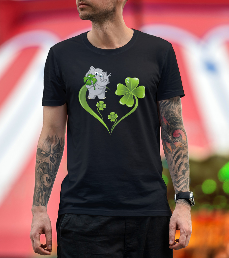 Elephant with Shamrock Heart and Clover Leaves T-Shirt