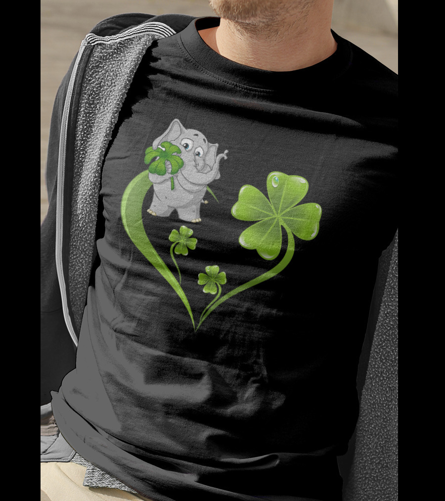 Elephant With Shamrock Heart And Clover Leaves T-Shirt