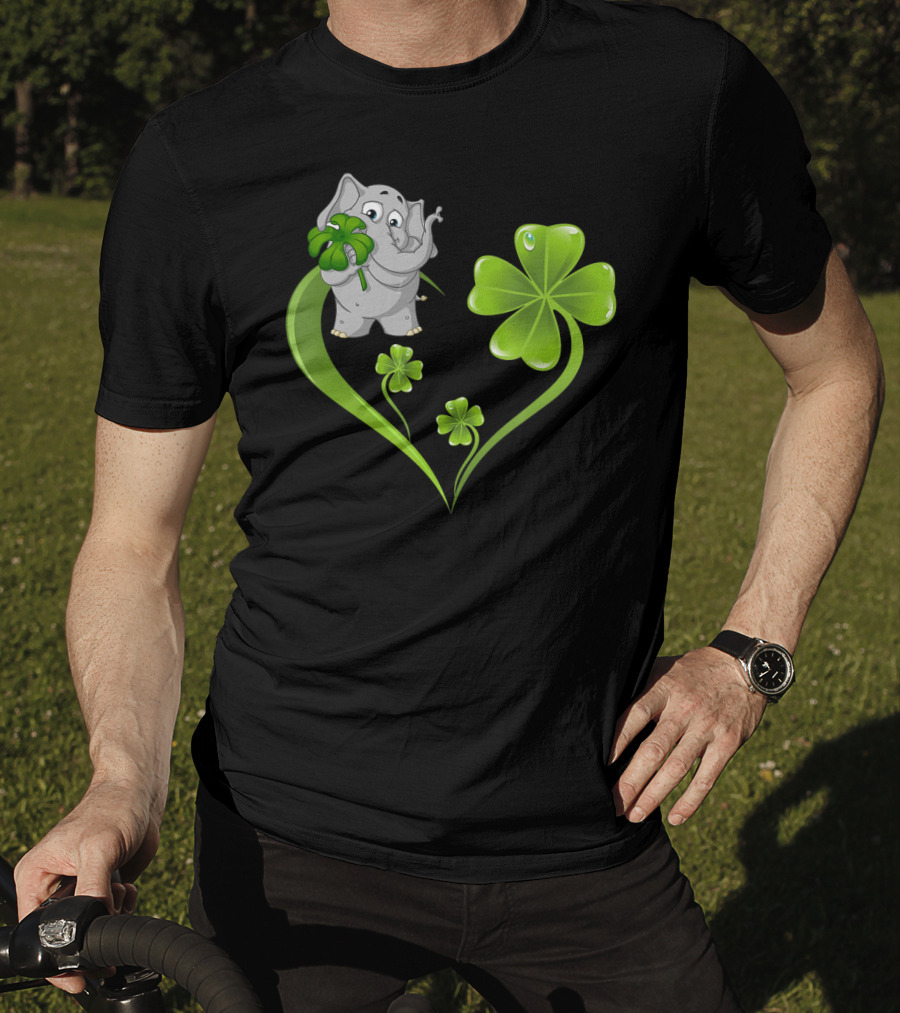 Elephant With Shamrock Heart And Clover Leaves T-Shirt