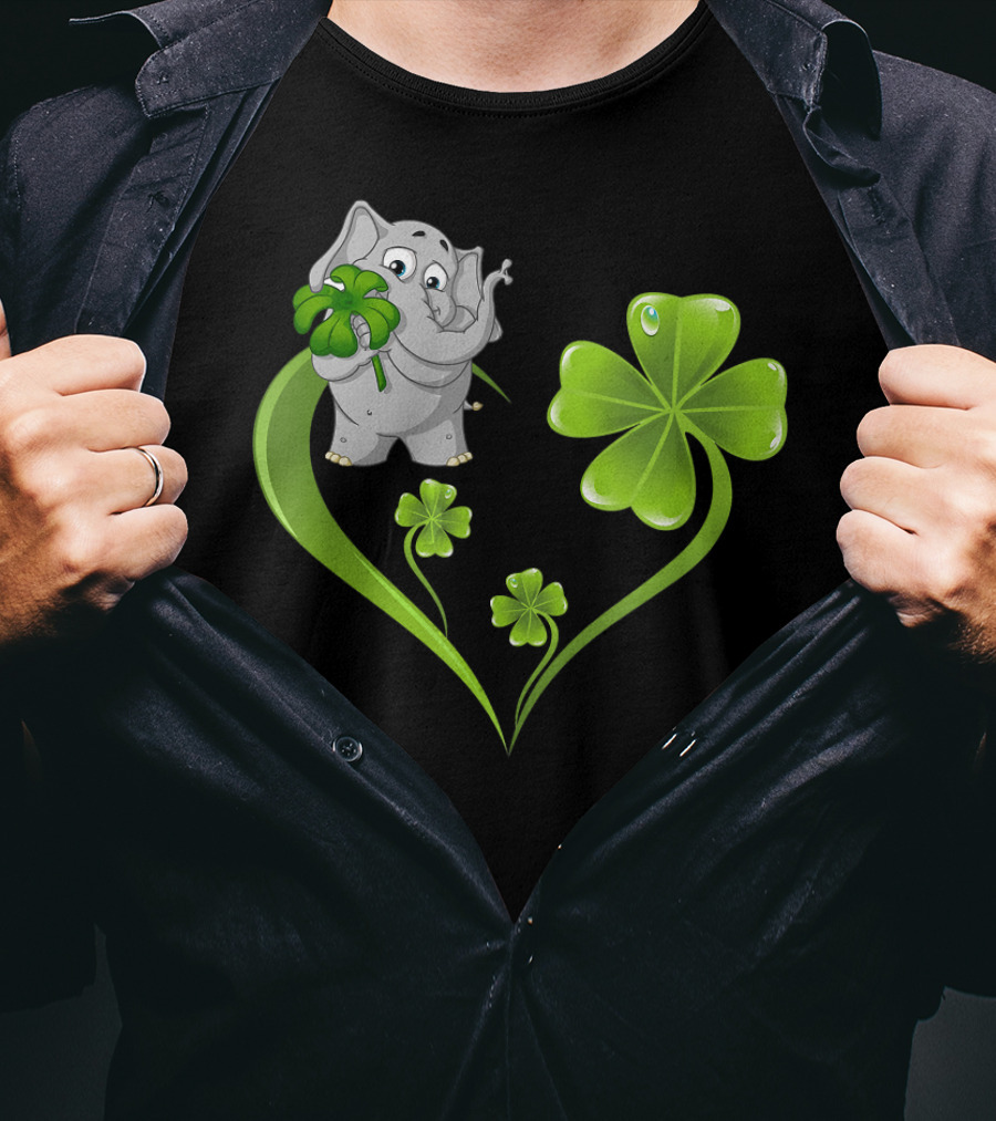 Elephant With Shamrock Heart And Clover Leaves T-Shirt