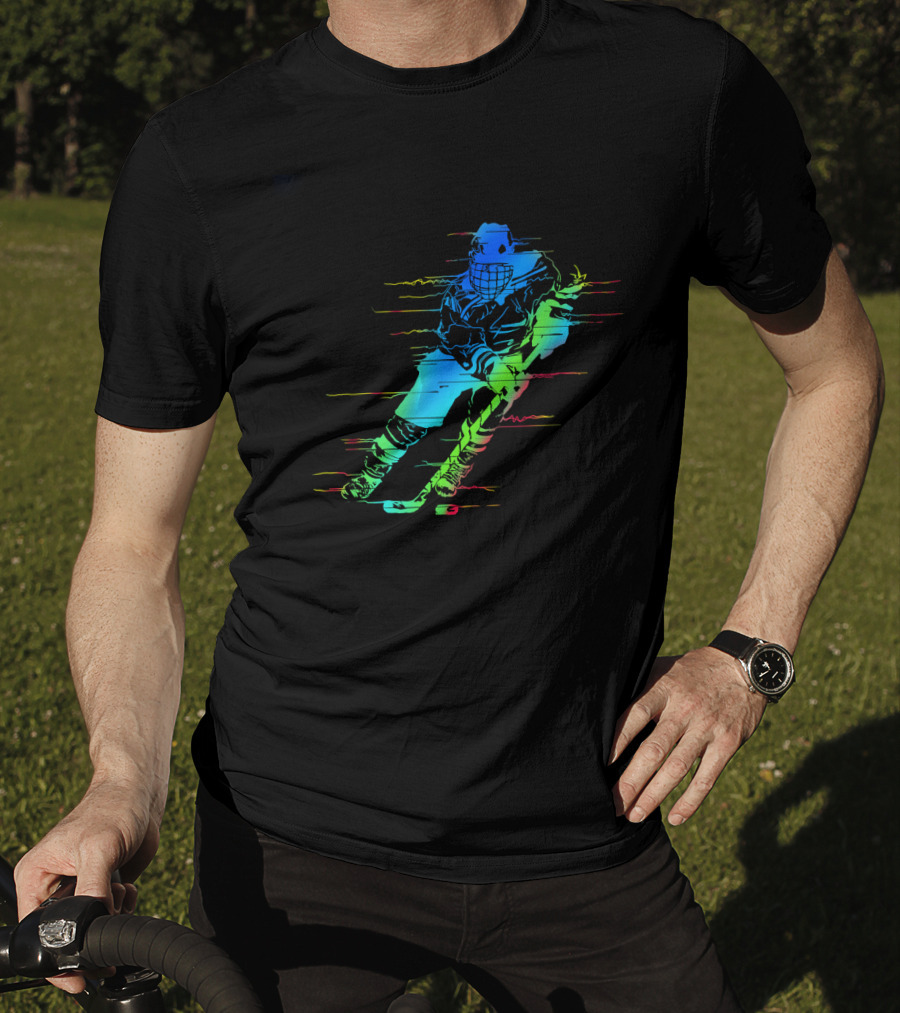 Ice Hockey Player Funny Athletes Glitch Effect Neon Athlete T-Shirt