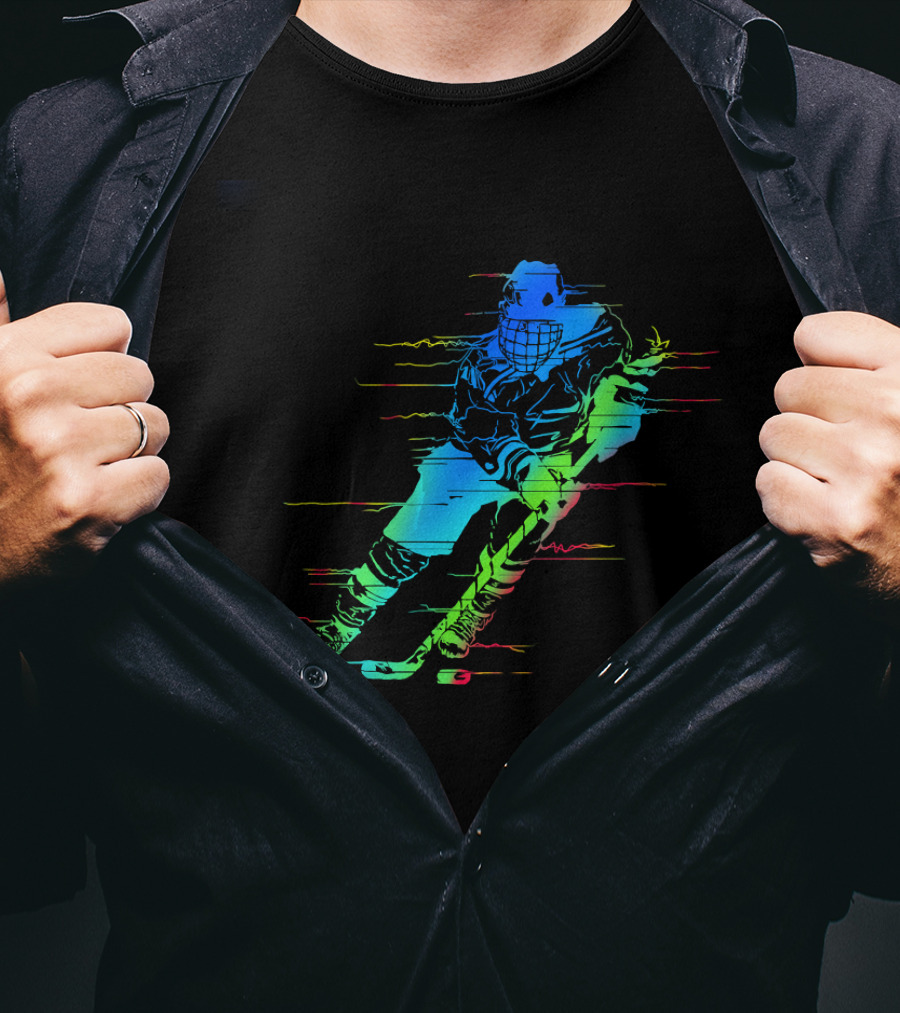 Ice Hockey Player Funny Athletes Glitch Effect Neon Athlete T-Shirt