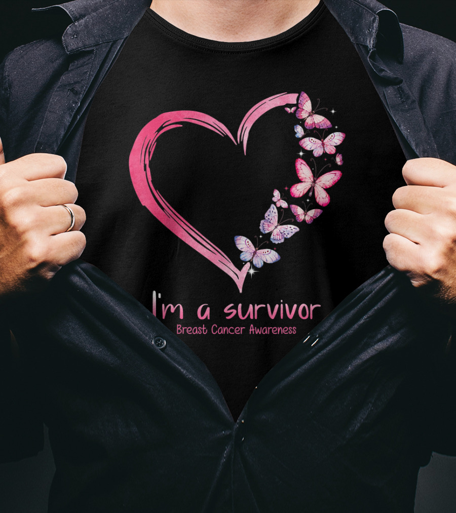 I'm A Survivor Breast Cancer Awareness Pink Heart Butterfly T-Shirt
