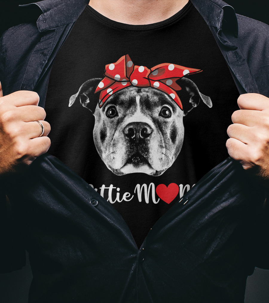 Pittie Mom Heart Pitbull Dog Red Polka Dot Bow T-Shirt