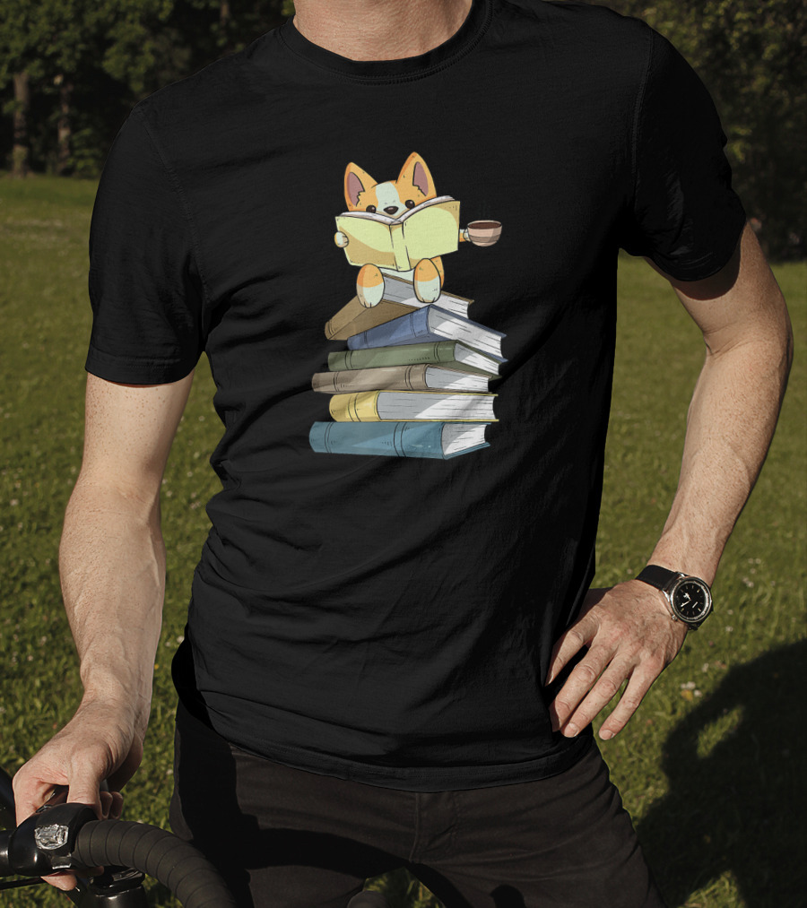 Welsh Corgi Reading Books With Coffee T-Shirt