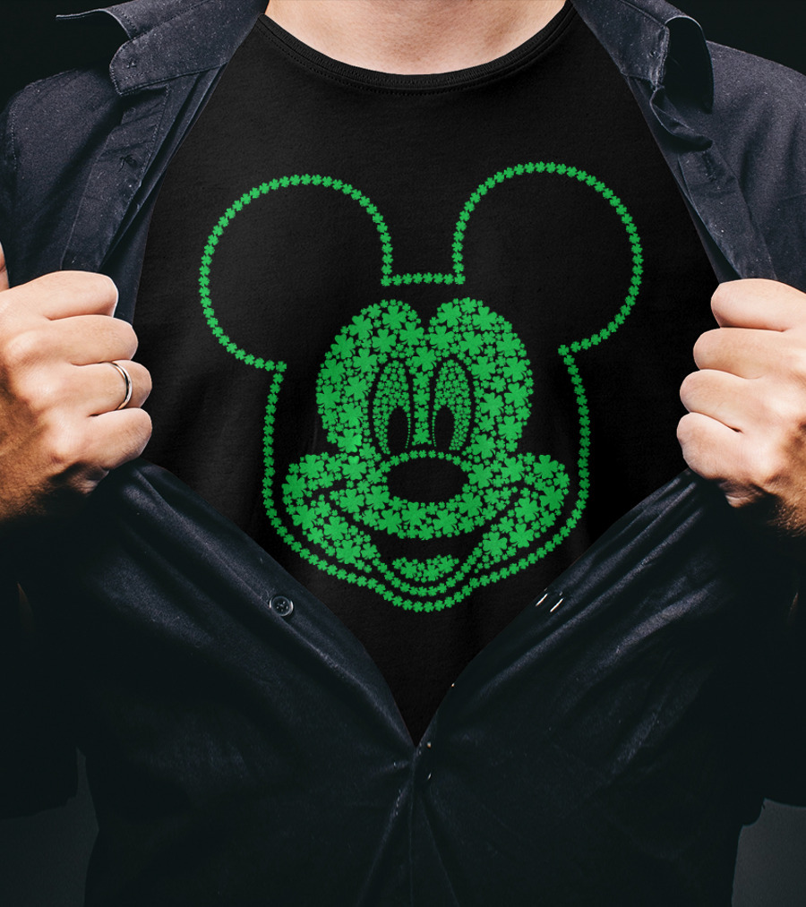 Disney Mickey Mouse St. Patrick's Shamrock Pattern Face T-Shirt
