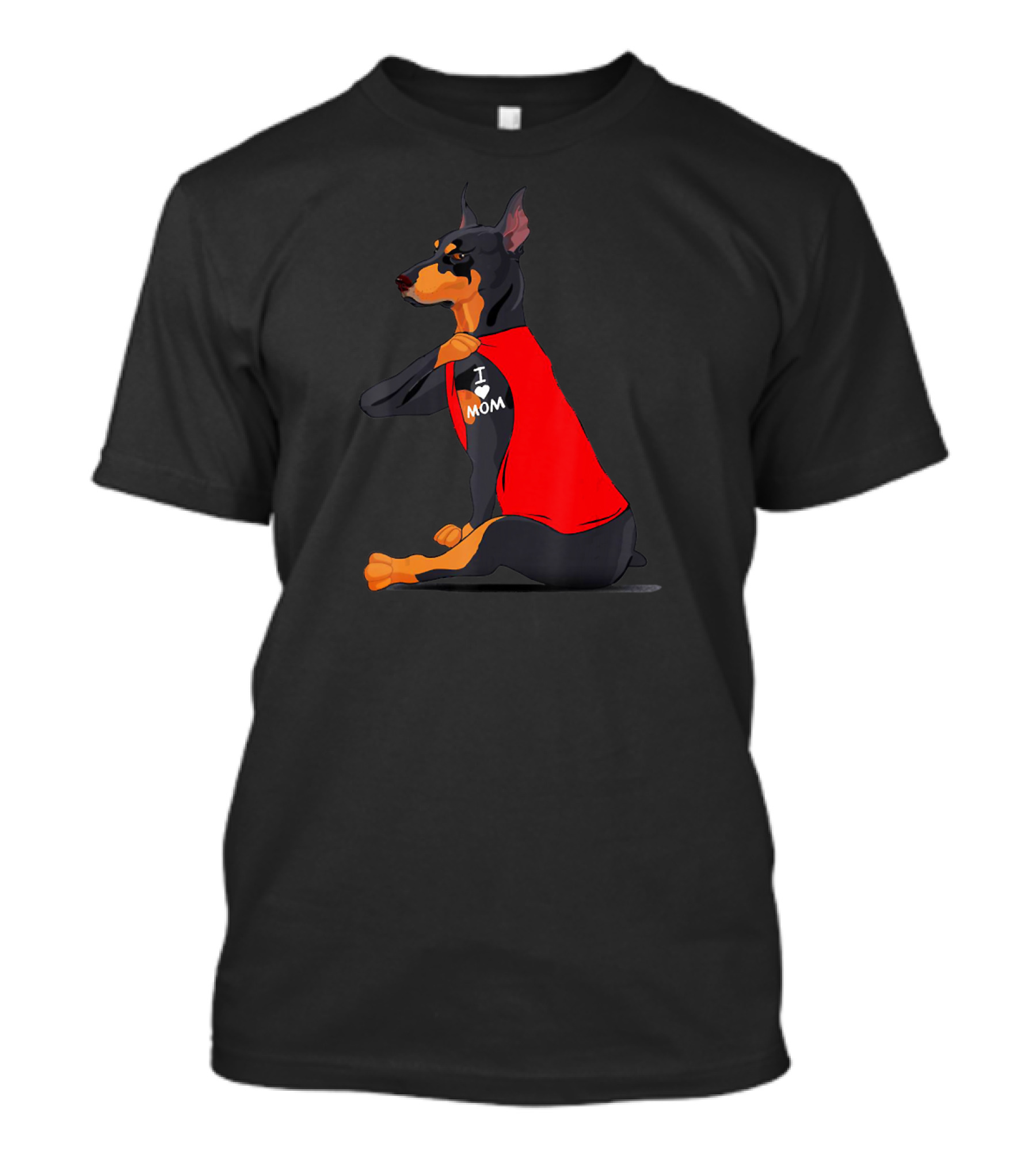 Doberman With Red Shirt And I Love Mom Tattoo T-Shirt