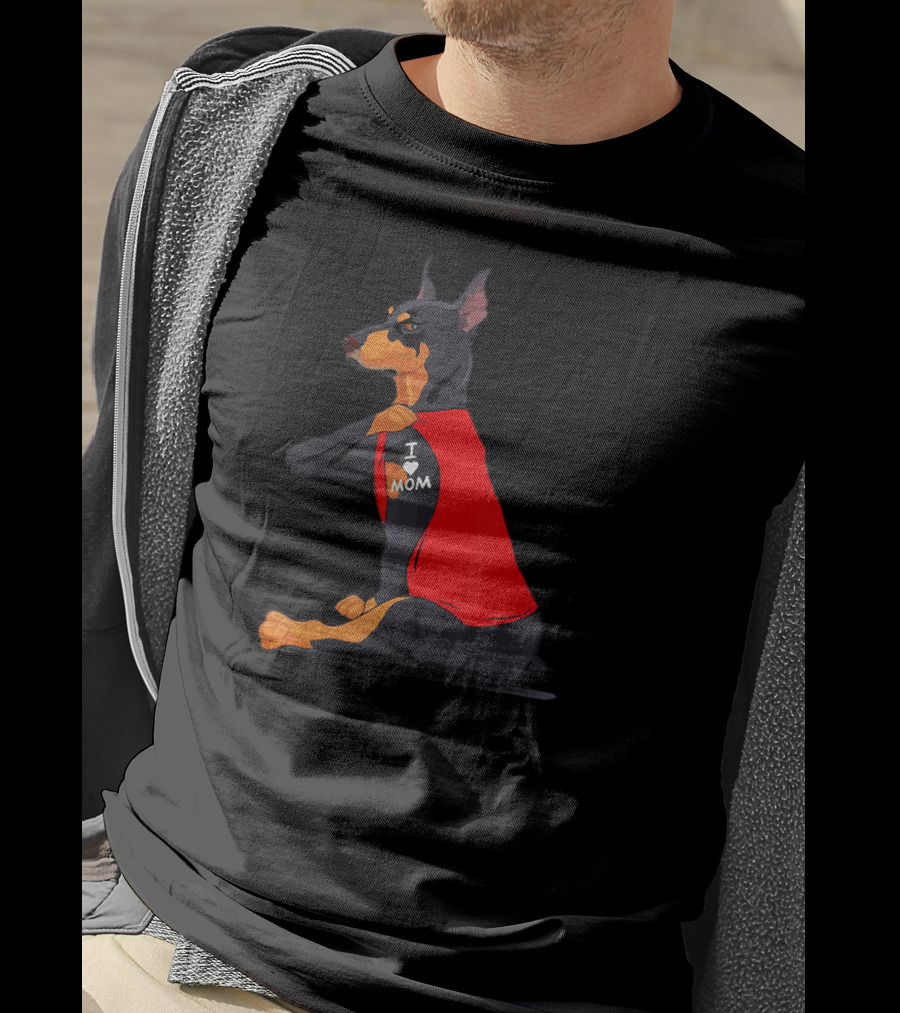 Doberman With Red Shirt And I Love Mom Tattoo T-Shirt