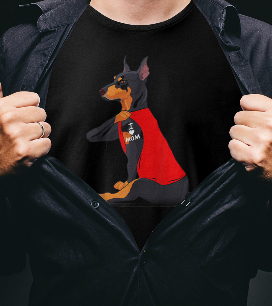 Doberman With Red Shirt And I Love Mom Tattoo T-Shirt