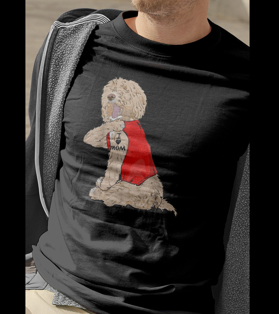 Labradoodle I Love Mom Tattoo Funny Dog In Red Vest Sitting Pose T-Shirt