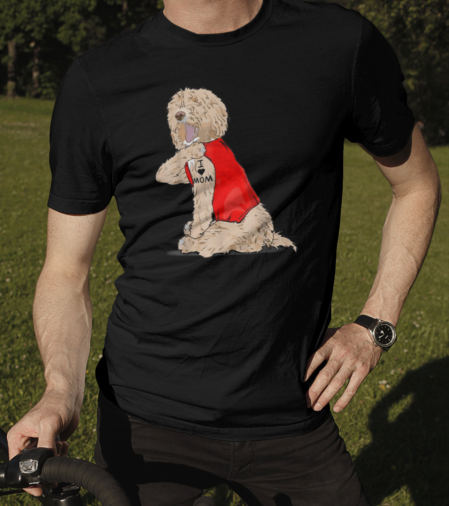 Labradoodle I Love Mom Tattoo Funny Dog In Red Vest Sitting Pose T-Shirt