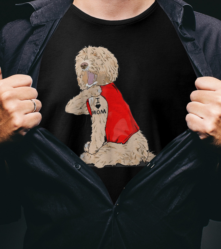 Labradoodle I Love Mom Tattoo Funny Dog In Red Vest Sitting Pose T-Shirt