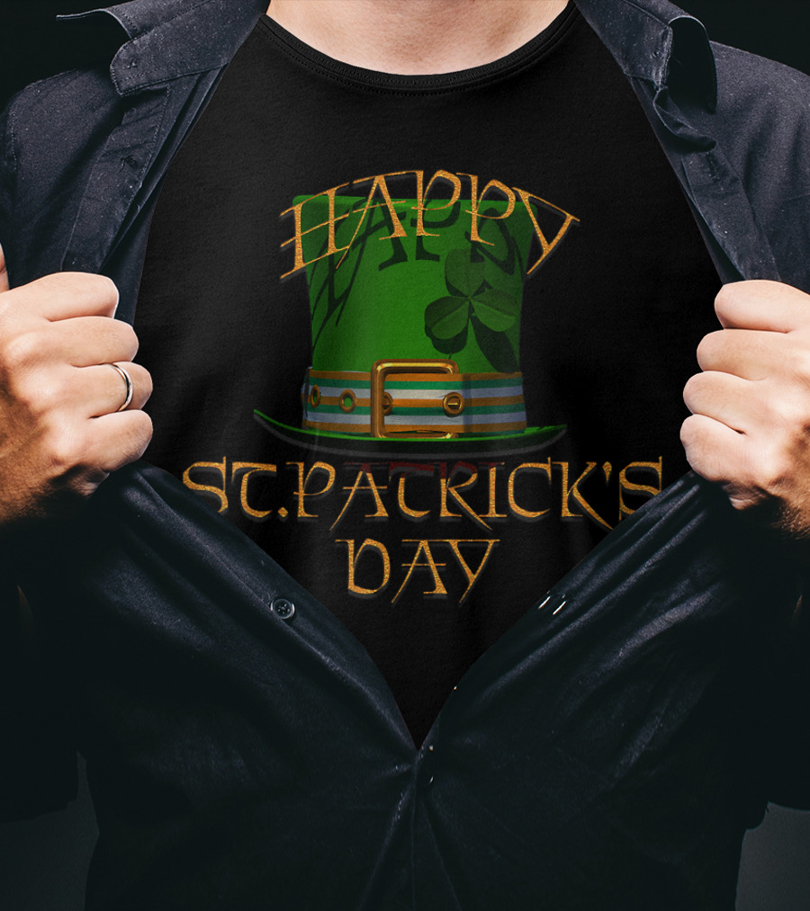 Happy St Patrick's Day Green Top Hat With Shamrock T-Shirt