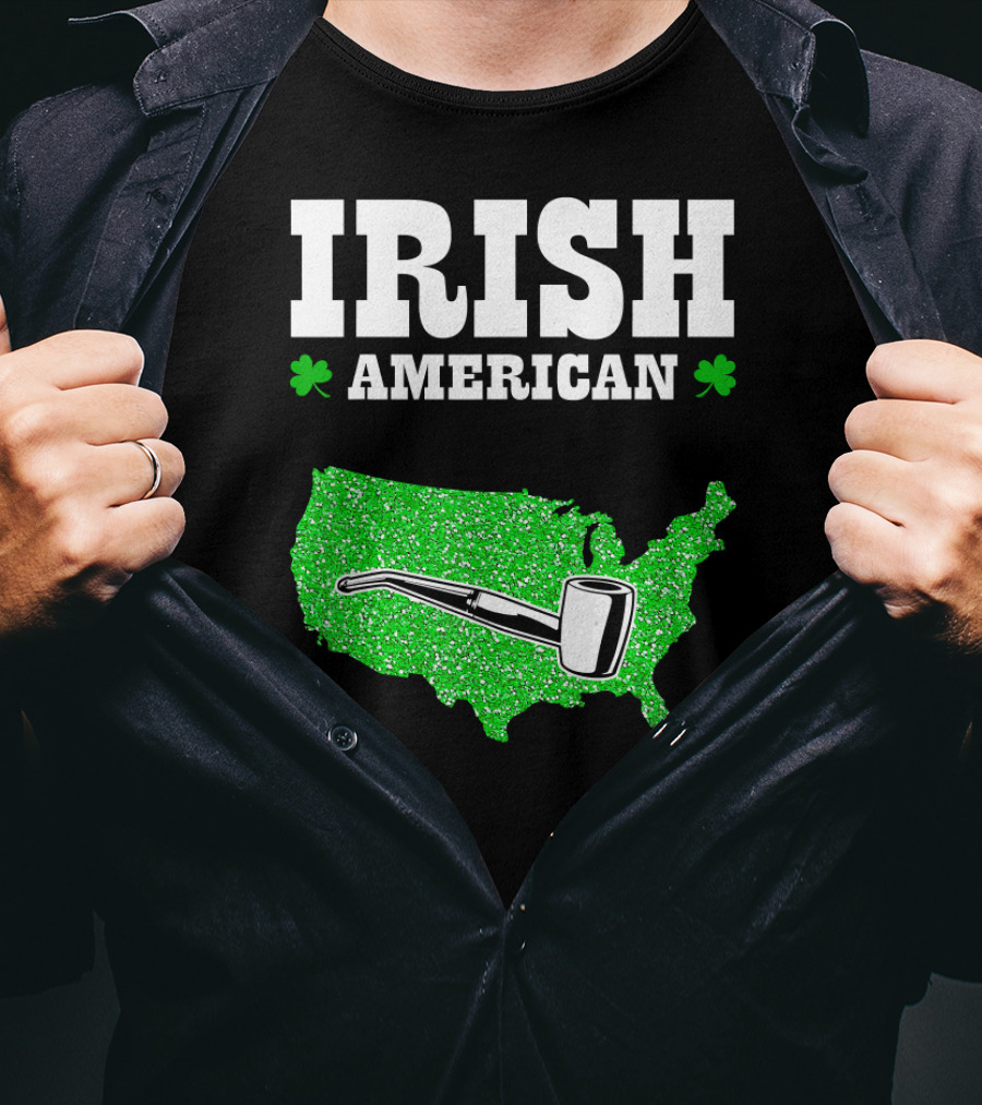 Irish American Shamrock Map With Pipe St Patrick's Day T-Shirt
