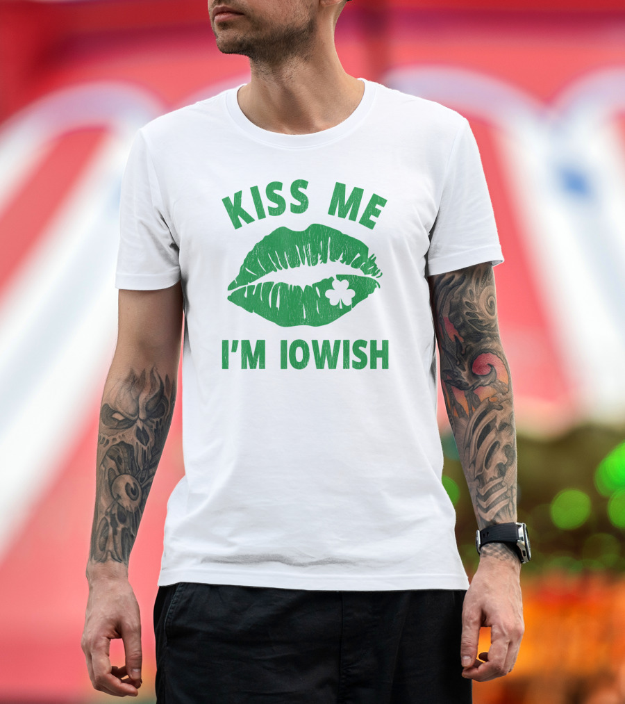 Kiss Me I'm Iowish St Patrick's Day Green Lips with Clover T-Shirt